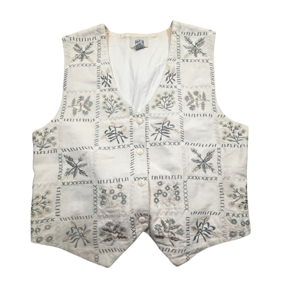 Vintage Pasta‎ Floral Embroidered Cotton Vest Ivory Patchwork Cottagecore Large